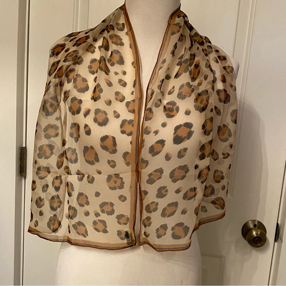 BURMEL SCARF VINTAGE CREAM BROWN BLACK SHEER ANIMAL PRINT HAND ROLLED RECTANGLE
